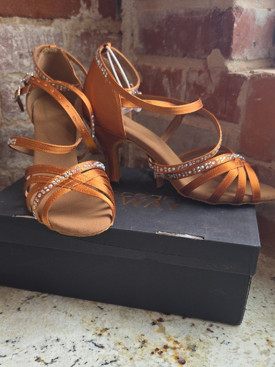 dance and sway Shoes - Satin Strappy Dance Heels in Copper with Crystal Accents
